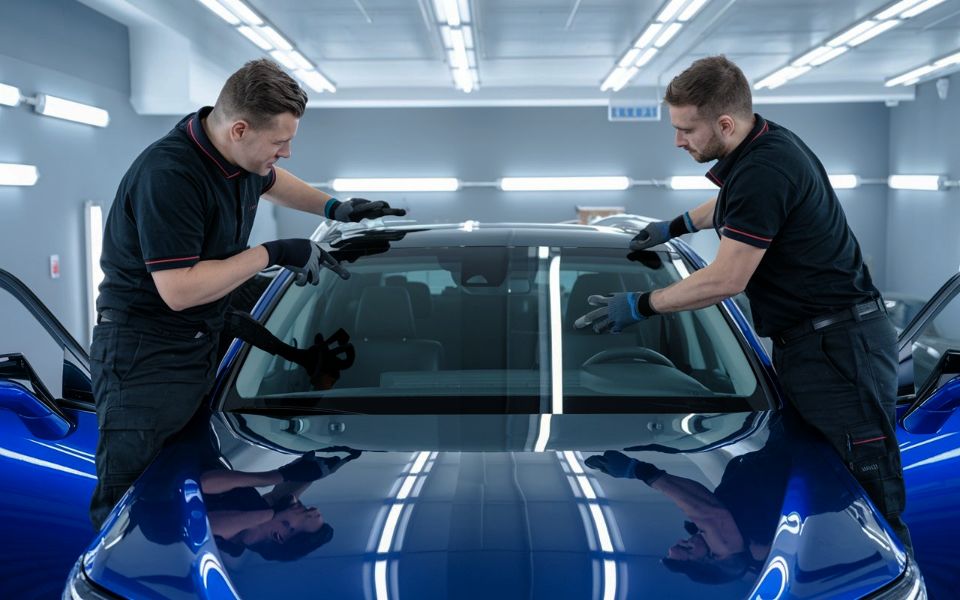 auto glass replacement in process